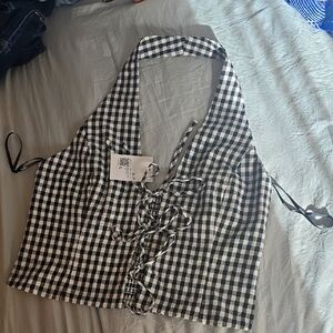 Gingham Tie-Front Halter Crop Top
